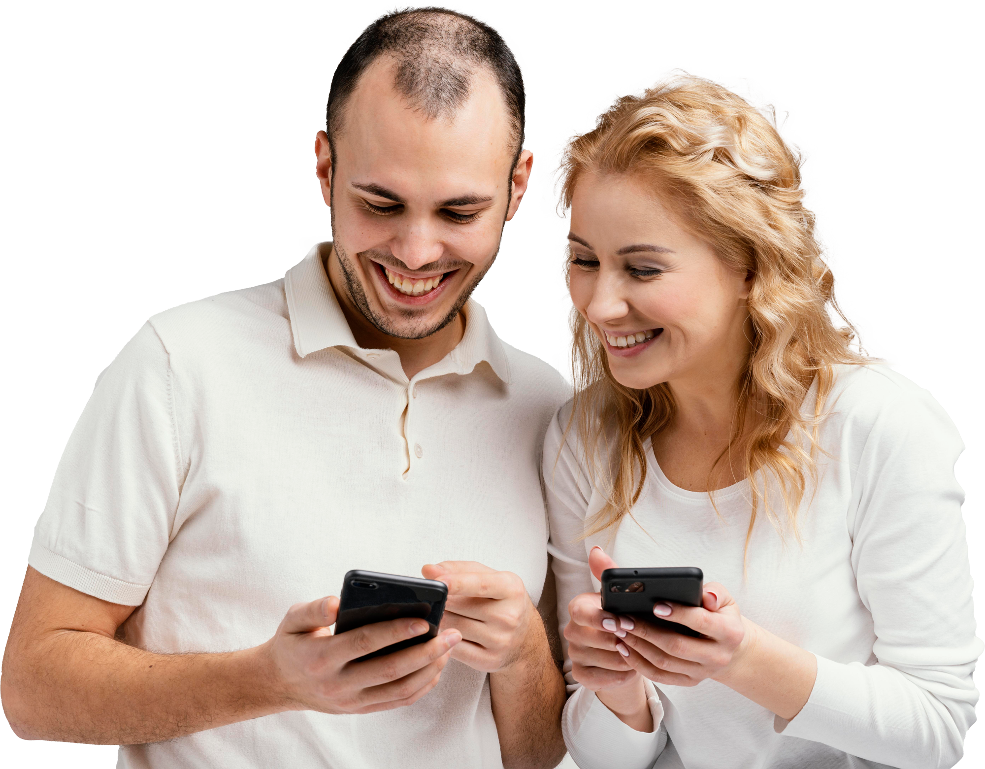 Friends laughing while using the Mendula mobile app